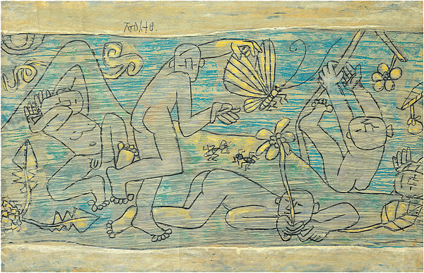 이중섭, 봄의 아동, 1952-1953, 종이에 연필, 유채, 32.6×49.6cm, 개인 소장.