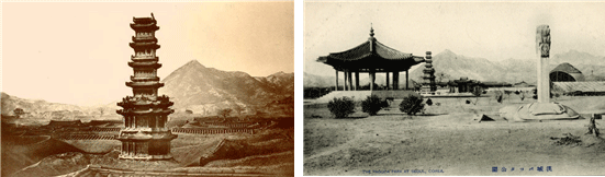 사진 왼쪽 1886년 촬영된 원각사(圓覺寺) 10층 석탑. 상륜부는 무너져 없고 주변 사찰의 흔적이 없다. The Wongak-sa Pagoda, Seoul, 1886 photographer Unidentified The Pagoda surrounded by houses, from Percival Lowell's "Choson: The Land of the Morning Calm" (1886). (사진출처 Facebook designerparty) 사진 오른쪽 1930년대 파고다공원 모습을 담은 엽서(The Pagoda park at seoul, corea) (사진출처 한국콘텍츠진흥원)