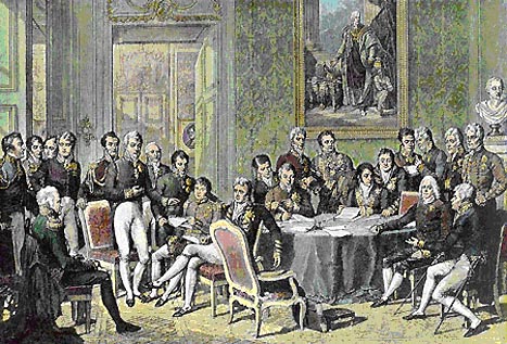 빈 회의 참석자들을 묘사한 기록화. 가운데 앉아 있는 인물이 의장을 맡은 오스트리아 재상 클레멘스 폰 메테르니히(출처=위키피디아)